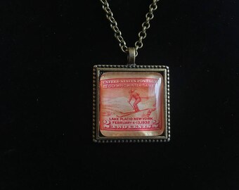 Skiing Postage Stamp Necklace | US postage stamp | Vintage 1932