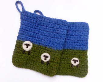 Pot holders felted wool pot holders sheep design set of two