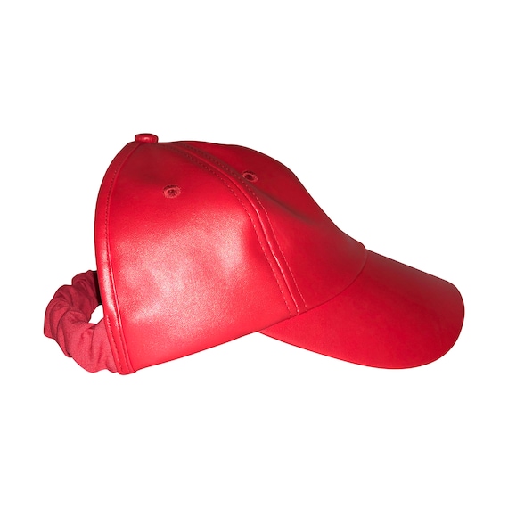 Satin Lined Baseball Backless Cap, Red Vegan Leather dad hat, Protective Styles Hats, Natural Hair Hats, Afro Hair Care, Kinky Curly Hair