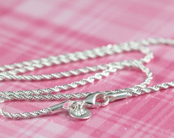 Rope Chain Necklace 925 Sterling Silver and Rhodium Plated , 2 mm Thickness , 18 20 22 24 inches