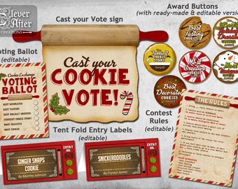 Cookie Exchange Holiday Cookie Swap Printable Kit Contest Printables editable instant voting ballot, award tags, rules, entry labels vintage