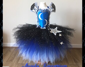 The Moon & Stars Halloween Costume Tutu Party Dress Sparkly Pageant Gala Ball Gown Black and Blue Tutu A Unique Gift.