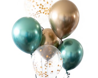 Sage Green and Gold Confetti Balloon Bouquet - Eucalyptus Teal Jade Rose Copper Balloons, Birthday Party, Wedding Decor, Baby Bridal Shower