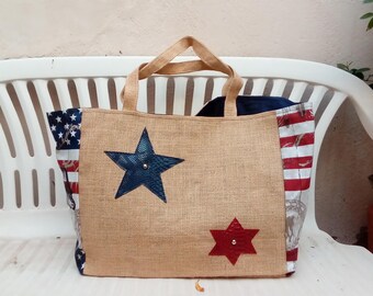 Large burlap beach bag and print usa