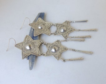 Vintage 1970's Engraved Silver Double Star Earrings with Triple Dangles