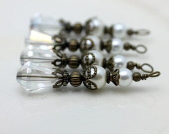Clear Teardrop Crystal and Pearl Bead Dangle Charm Pendant Drop Set with Antique Brass, Pendant, Earring Dangles, Charm