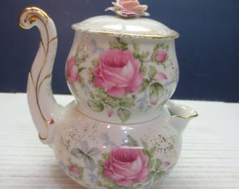 Lefton China Hand Painted Stacking Creamer And Sugar Bowl With Gold Detail