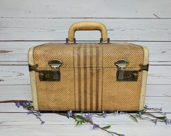 Vintage Tweed Striped Train Case - Leather Handle and Trim - Hard Shell Small Suitcase