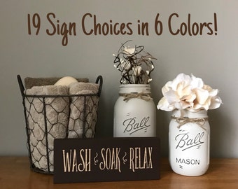 Mason Jar Bathroom Set Farmhouse Bathroom Decor Rustic Home Decor Mason Jar Decor Wash Soak Relax Bathroom Signs Bathroom Mason Jars Bath