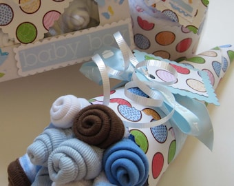 Baby Boy Onesie Cupcake Gift Set with Baby Washcloth Bouquet and Baby Blanket Cupcake