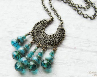 OCEAN MOON .:. Bohemian Moon Vintage Brass necklace with picasso czech glass, ornate filigree crescent moon, long chain, sea, blue, green