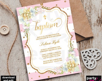 Floral Baptism Invitation, Girl Baptism Invitation, Printable Baptism, Pink and Gold, Blush and Gold, Editable Baptism Invitation, BP13