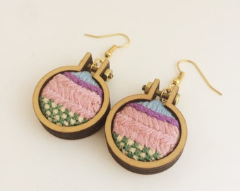 Embroidered earrings– pink, purple, blue and green – mini embroidery hoop earrings – hand embroidered jewelry – drop earrings
