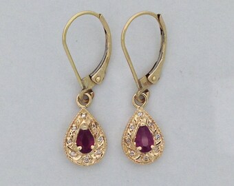 Natural Ruby with Natural Diamond Dangle Earrings Solid 14kt Yellow Gold