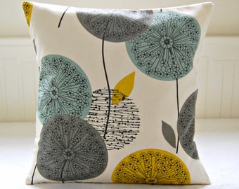 mustard yellow, blue teal grey decorative pillow cover, dandelion flower cushion cover 18 inch