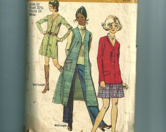 Vintage Simplicity Misses' Mini-Coat-Dress, Two-Piece Mini-Dress or Midi-Vest and Pants Pattern 8974