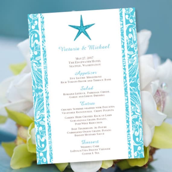 printable wedding menu template beach starfish pool blue editable worddoc instant download diy you print
