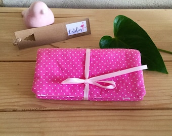 "Peas and pink whales" cotton jewelry pouch.