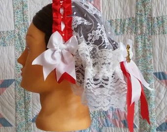 Red and White Trimmed White Lace Fanchon Styled Day Cap