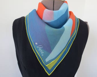 1960s Blue Orange Yellow Mountain Print Silk Scarf by Vera Neumann - 23" Square