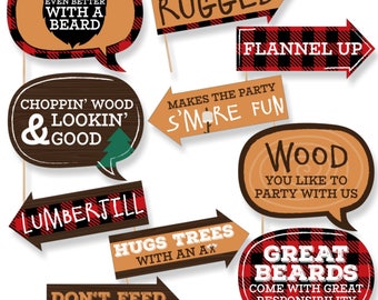Funny Lumberjack Photo Booth Props - Channel The Flannel - Photobooth Prop Kit Props - Outdoor Mountain - 10 Pc Buffalo Plaid Props & Dowels