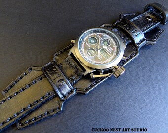 Leather Cuff, Wrist Watch, Black watch, Men's Leather Cuff, Bracelet Watch, Black Watch Cuff