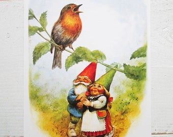 Vintage art print 80s. David the gnome and his girlfriend Lisa watching the singing bird. By Rien Poortvliet.