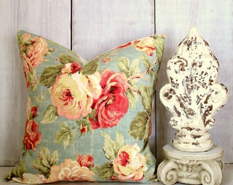 Cottage Chic Pillow Cover - Pink Roses Pillow - Romantic Cottage Decor - Aqua Pillow Cover - Cabbage Roses Throw Pillow Cover