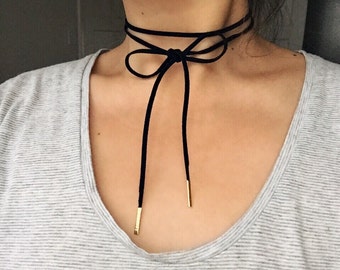 Black Wrap Choker / Black Suede Choker / Thin Choker / Black Choker / Black Tie Choker / Boho Choker / Black Leather Choker / Gift for Her