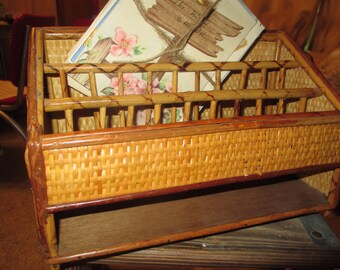 Vintage Bamboo Office Organizer, Rattan Desk Storage, Paper File, Mid Century