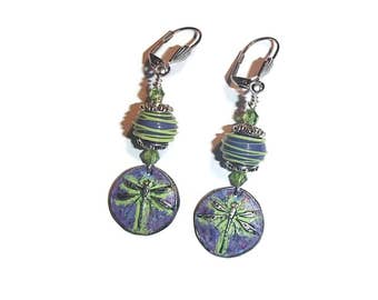 Pewter Dragonfly Earrings Lampwork Beads Purple Lampwork and Pewter E105