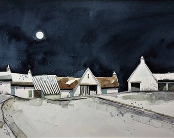 Full Moon, original pencil, watercolour & gesso painting, framed