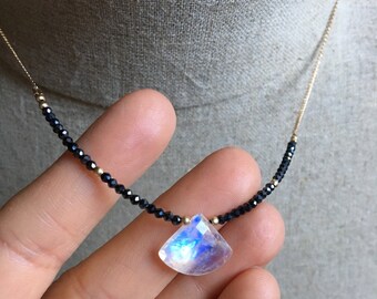 Rainbow Moonstone and Spinel Necklace, Faceted Moonstone Pendant, Boho Luxe Gemstone Necklace, Bohemian Jewelry
