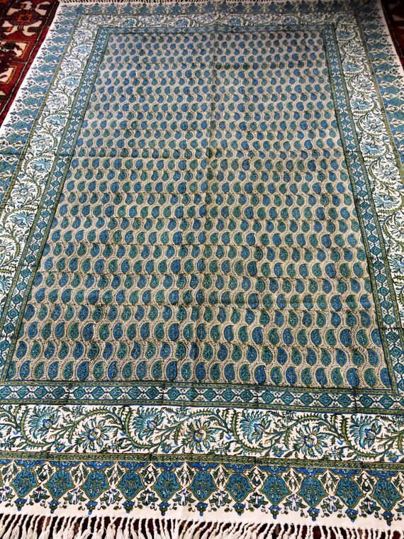 handmade 60" inches blue tablecloth rectangle with natural dyes, block printed tapestry art , paisley design with tassels