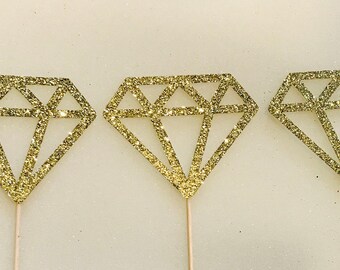 12 Gold Glitter Diamond Donut Toppers, diamond cupcake toppers, bridal shower decorations, engagement ring topper, bride to be, party, weddi