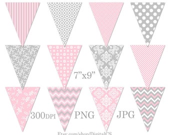 Party printables pink grey Printable bunting banner clipart Baby bunting Bunting clipart bunting clip art Party decorations DIY crafts