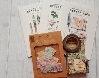 Stationary Epherma Notebook -vintage look stamps- washi tape set.