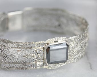 Art Deco Hematite Filigree Bracelet, White Gold Filigree Bangle, Estate Jewelry NVFQ2Z-N