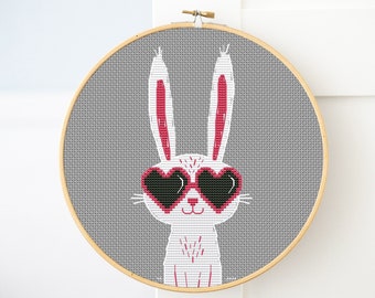 Cool Bunny Cross Stitch Pattern, Rabbit Sunglasses Embroidery, Gray Pink White Nursery Modern Cross Stitch, Beginner cross stitch