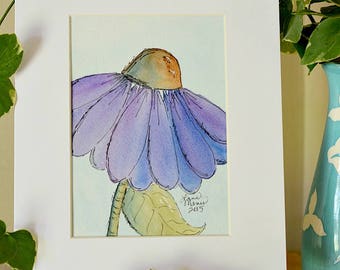 Coneflower Original Watercolor No. 1 by Lana Manis, Cottage, Garden, Whimsical Artwork, Ready to Frame