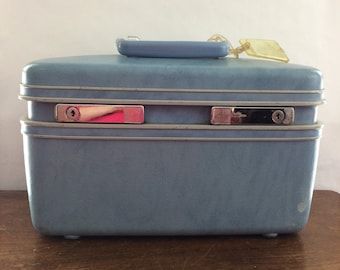 Vintage Samsonite Profile Blue Train Case With Key Luggage Travel Makeup Case Hard Shell Mirror