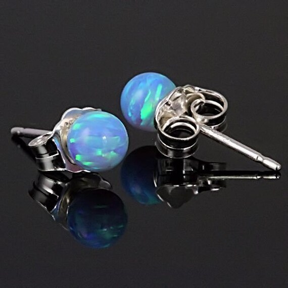 4mm Australian Azure Blue Opal Ball Stud Post Earrings Solid