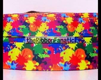 5 yds 5/8" and 7/8" Paint Splatter Red Green Yellow Blue Pink Purple Orange Grosgrain Ribbon