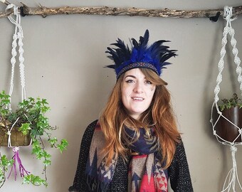 Handmade Feather Headdress, Blue Boho Gypsy Crown, Indian Headband
