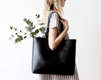 Large Black Leather Tote, Genuine Leather Bag, Black Leather Bag, Minimalistic Bag, Handmade Bag, Travel Bag, Diaper Bag, Oversized Bag