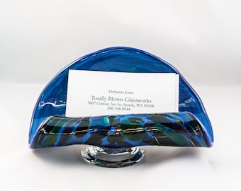 Business Card Holder. Hand Blown Art Glass in Blue with Magic Mix. Made in Seattle. Artist Dehanna Jones.