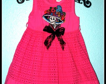 Girls Rockabilly Dress in Day of the Dead Pink ........Size 4