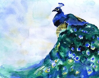 Peacock Watercolor Painting - 24 x 20 - Giclée Fine Art Print Reproduction