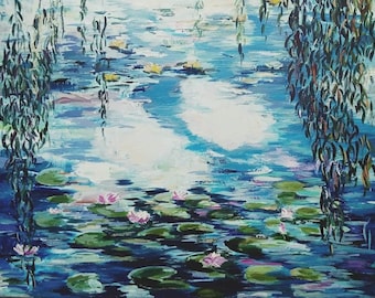 My Monet 40x50 cm Acrylic painting on cotton canvas Freestyle interpretation of Claude Monet's Water lilies pond Country Waterscape Wall Art