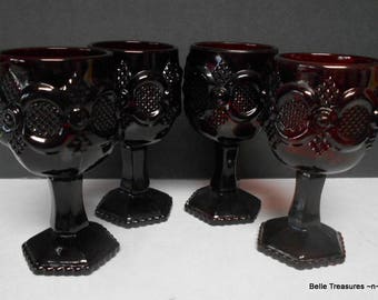 Set of 4 Avon Ruby Red Cape Cod 1876 Glass Wine Port Cordial Drinking Glasses